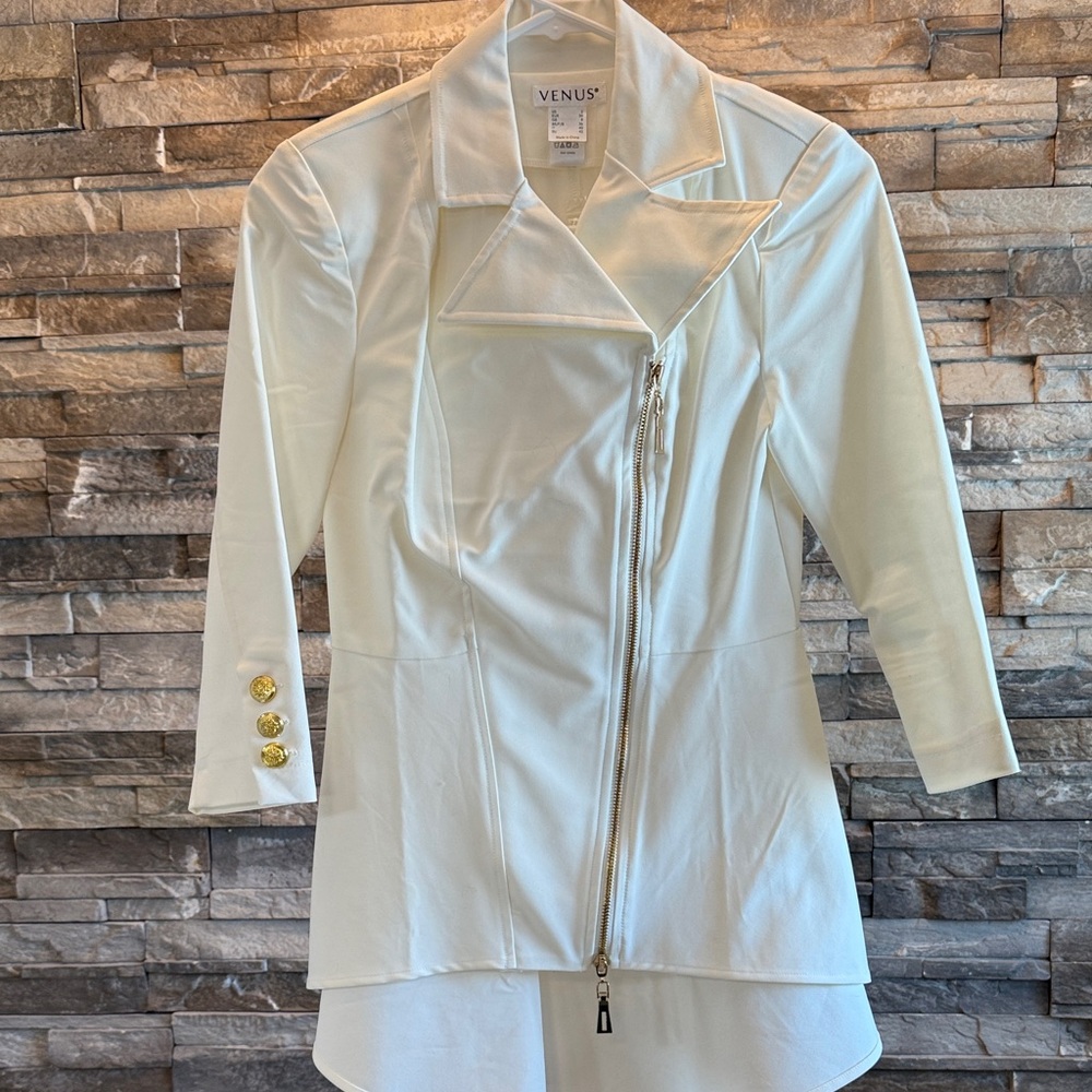 VENUS Cream Asymmetrical Zip Jacket with Gold Accents